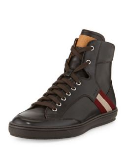 Mens Oldani Leather High Top Sneaker, Dark Brown   Bally   Dark brown (8.0D)