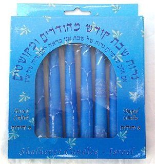 8 Kosher Shabbat Candles   Blue with White   Candle Sets