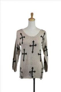 Sans Souci Oversized Grungy Sweater Top With Cross Print And Shredded Trim