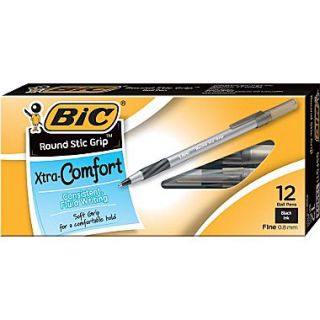 BIC Round Stic Grip Ballpoint Pens, Fine Point, Black, Dozen