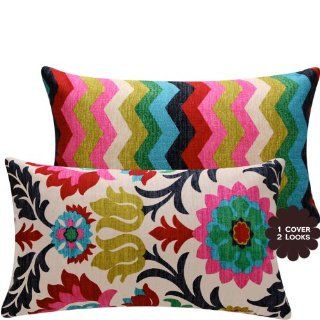 Cinco de Mayo Collection   Designer Decorative 12x20" Lumbar Throw Pillow Cover   Floral, Flowers and Zig Zags  Bright Pink, Green, Green, Yellow, Red, Blue and Ivory Hues   1 Cover, 2 Looks   Western Pillows