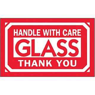 Tape Logic Glass   Handle With Care Thank You Shipping Label, 3 x 5, 500/Roll