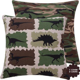 Jurassic Army Collection   18" Square Decorative Accent Pillow with Feather Insert   Dinosaur and Army Fatigues   Green, Black, Brown and Tan   1 Pillow, 2 Looks   Childrens Pillows