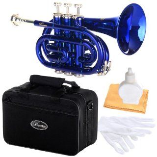 Barcelona B Flat Pocket Trumpet with Case, Polishing Cloth, Gloves, and Valve Oil   Blue Musical Instruments