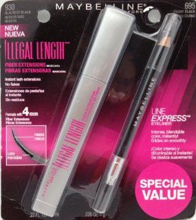 Maybelline New York Illegal Length Fiber Extensions Waterproof Mascara + Eyeliner, Blackest Black [Pack of 4]   NEW  Beauty