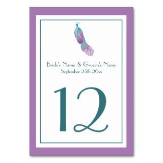 Wedding Table Number Deco Peacock Teal and Purple Table Cards