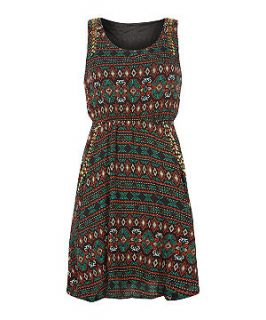 Apricot Black Tribal Print Stud Dress