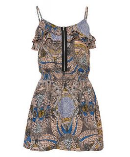 Madam Rage Blue and Brown Tile Print Zip Front Dress