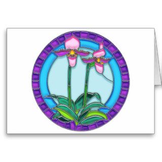 Lady Slipper Orchids in Circular Stained Glass Card