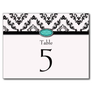 Trendy black damask aqua jewel wedding table card postcard