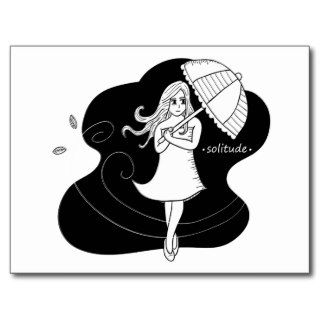 Girl carrying an umbrella on windy day post card