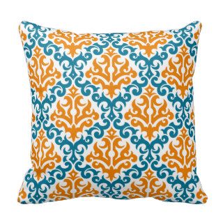 Orange and blue damask pattern throw pillow