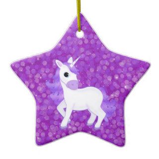 Cute Purple Cartoon Unicorn on Glitter Pattern Christmas Tree Ornament