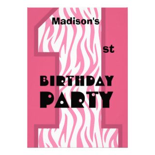 1st Birthday Modern Baby Girl Pink Zebra V02 Personalized Invitations