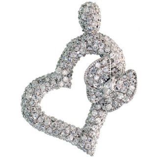 Sterling Silver Heart & Butterfly Pendant w/ Pave CZ Stones, 1 1/2 inch (40 mm) tall Jewelry