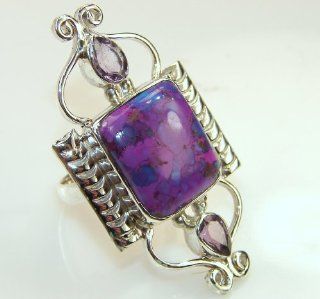 Copper Turquoise Women's Silver Ring Size 9 1/2 12.20g (color purple, dim. 2, 1 1/4, 3/8 inch). Copper Turquoise, Amethyst Crafted in 925 Sterling Silver only ONE ring available   ring entirely handmade by the most gifted artisans   one of a kind wo