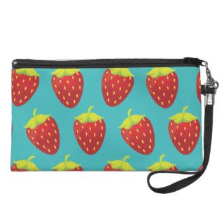Red Strawberry Pattern Teal Background Wristlet Clutch