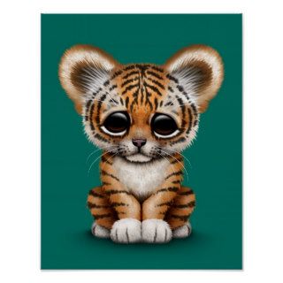Adorable Baby Tiger Cub on Teal Blue Posters
