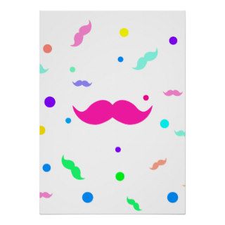 Bright Neon Funny Mustache Polka Dots Pattern Posters