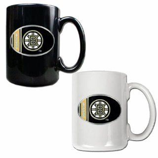 Boston Bruins NHL 2pc 15oz Ceramic Mug Set   One Black Mug & One White Mug with Oval Logo Sports & Outdoors