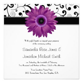 Purple Gerbera Daisy Black Scroll Design Wedding Personalized Invites