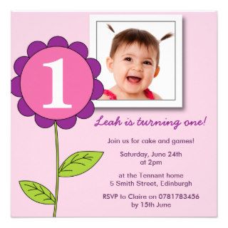 First 1st Birthday Party Photo Flower  pink Personalized Invitation