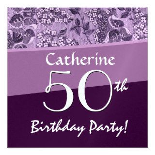 50th Birthday Purple Vintage Flowers Pattern Personalized Announcement
