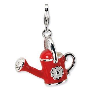 Sterling Silver 3 D Enameled Red Watering Can with Lobster Clasp Charm Clasp Style Charms Jewelry
