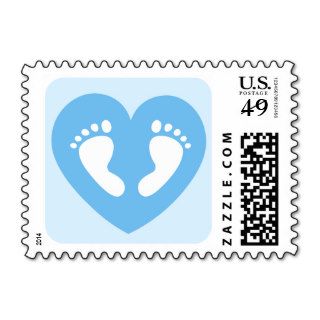 Baby feet in blue heart baby shower postage stamp