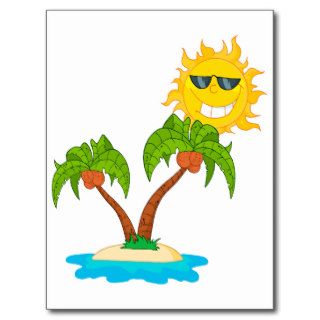 cartoon island sun and palm trees post cards