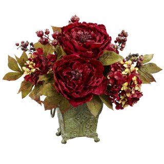 Nearly Natural 4928 Peony and Hydrangea Silk Flower Arrangement, Red   Artificial Mixed Flower Arrangements