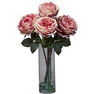 Nearly Natural 1247 PK Fancy Rose with Cylinder Vase Silk Flower Arrangement, Pink   Artificial Mixed Flower Arrangements