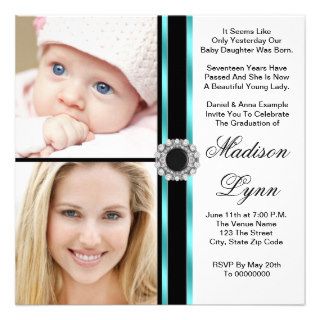 Teal Blue Then and Now Photo Graduation Invitations