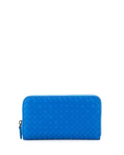 Intrecciato Continental Zip Around Wallet, Cobalt Blue   Bottega Veneta