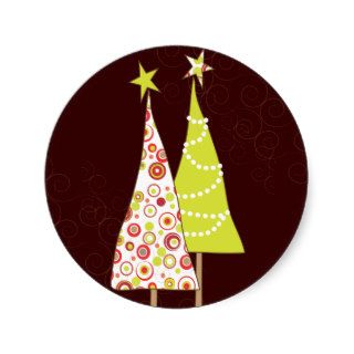 Retro Funky Christmas Trees Round Envelope Seal Stickers