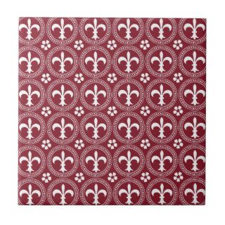 Cinnabar Red And White Fleur De Lis Pattern Ceramic Tile