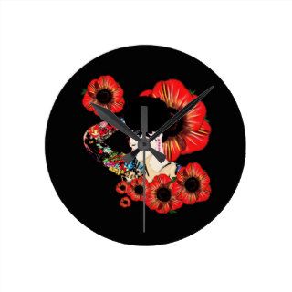 Trendy inked tattoo girl art  red Poppy accessory Round Clock