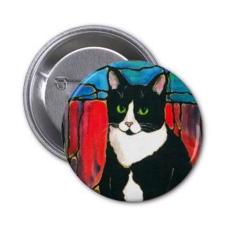 Tuxedo Cat Stained Glass Design Art T Shirt Buttons
