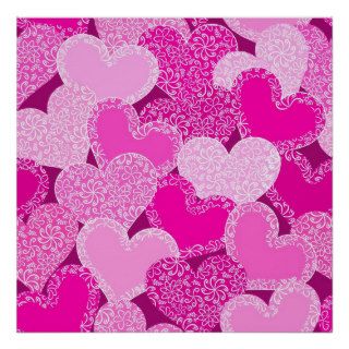 Pink floral hearts pattern poster