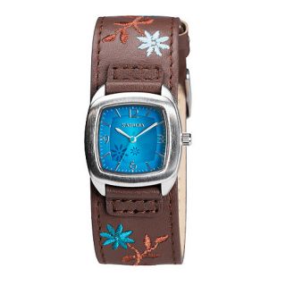 Kahuna Ladies blue dial brown leather embroided strap watch