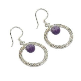 Amethyst dangle earrings, 'Silver Aura' Jewelry