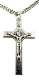 Saint St Benedict 1" Silver Tone Cross Crucifix Protection Medal with 24" Endless Chain Necklace Jewelry