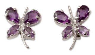Amethyst button earrings, 'Slender Butterfly'   Sterling Silver and Amethyst Earrings Birthstone Jewelry Stud Earrings Jewelry