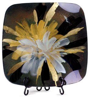 Cressida Glassware Signature Handpainted Fused Glass Pieces Full Bloom Series White Burst and Gold Leaf 15 Inch by 15 Inch Square Plate with Glass Ball Legs and Metal Stand   Decorative Plates