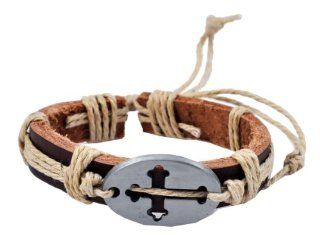 Brown Leather Metal Christian Cross Leather Bracelet / Leather Wristband / Surf Bracelet, #133 Jewelry