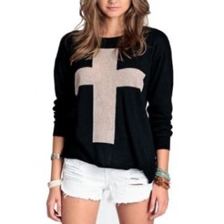 Uoften Womens The Cross Pattern Knit Sweater Outwear Crew Pullover Tops (Black) Clothing