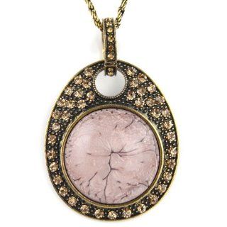 Mystical Moon   Egg Shaped Pendant   Fractured Gel Inlay   Dusty Rose Pink   Champagne Jeweled Accents   Brass Necklace Jewelry