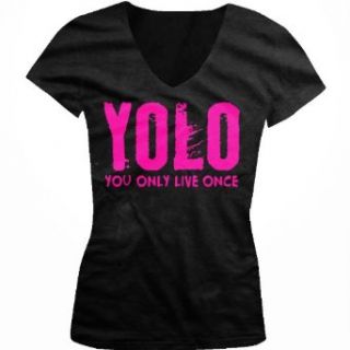 YOLO, Neon Pink Design, You Only Live Once Juniors V Neck T shirt, Hot Trendy Lyrics Design YOLO, Y.O.L.O Junior's V neck Tee Shirt Clothing