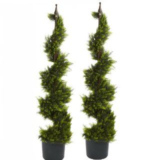 (TWO) 4' Outdoor Cypress Artificial Spiral Topiary Tree  