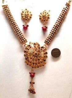CSYEPMB Burgundy Colour Faux Garnet Golden Look 40 gm 3 Pcs awesome Necklace Earring Set Victorian Set Bargains Women India Indian Bollywood Fashion Jewelry Accessories Z Others Jewelry